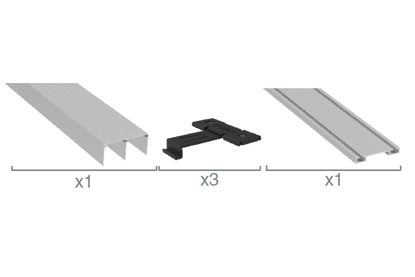 BOXED KIT POUR 1 PANNEAU: 1 x Rail supérieur I 3 x Clip plastique l 1 x Rail inférieur